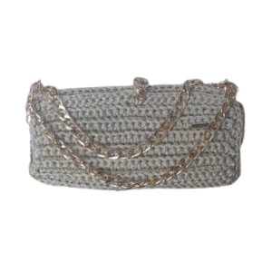 Bolsa em Malha Bege com Fios Dourados e Fecho de Onça Feita à Mão